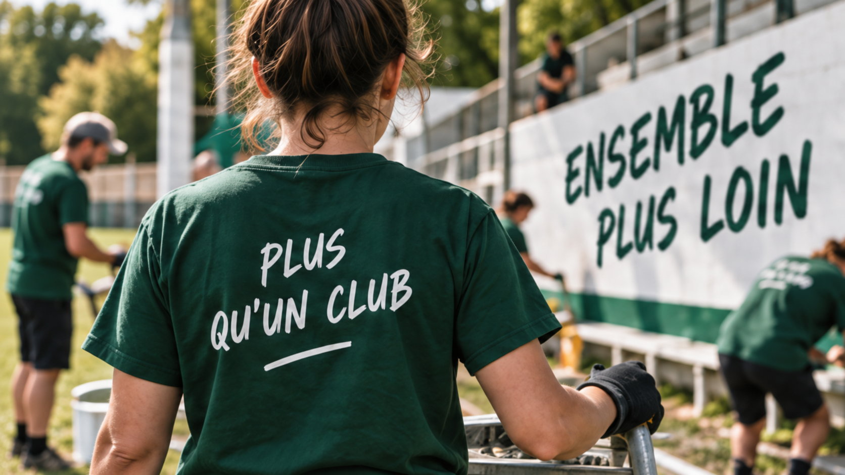 Des bénévoles préparent ensemble les installations de leur club sportif.